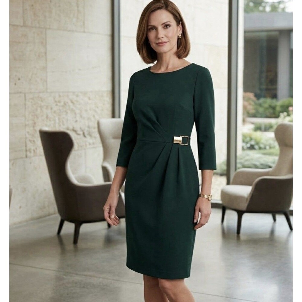 Tahari Dress Size 2 Women’s 3/4 Sleeve Green Straight Cocktail Party